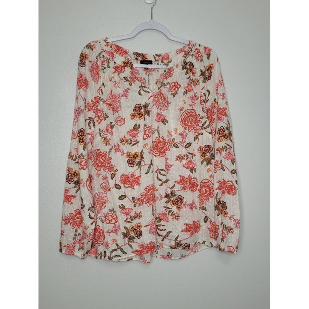 Talbots white pink cotton lightweight flower boho long sleeve top size large